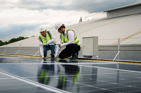Engineers or Specialist technicians team, Check the quality of installing solar photovoltaic panels and Use technology applications to check accumulated power generation from solar panels on tablets.の写真素材