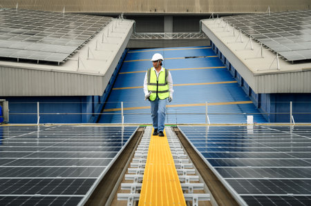 Young Engineers Open Drawing Blueprint Paper and Check Quality of Installing Solar Photovoltaic Panels on Rooftop of Building.の写真素材