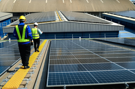 Engineer Inspector Quality in Solar Roof Panel Installation with Worker Installation, Overview of...