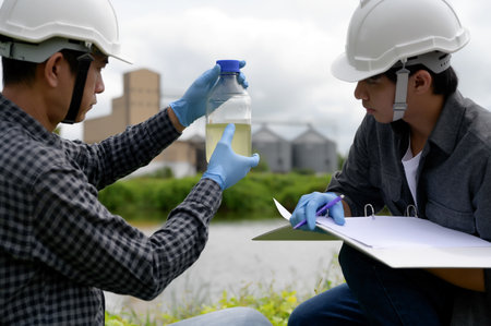 Environmental Engineers Inspect Water Quality with Note and Collect water samples in The Field Near Farmland, Fish Ponds, Natural Water Sources that may be Contaminated by Suspicious Pollution Sites.の写真素材