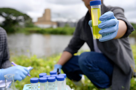 Environmental Engineers Inspect Water Quality, pH Test and Take Water sample notes in The Field Near...
