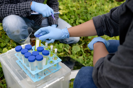 Two Environmental Engineers Inspect Water Quality and Take Water sample notes in The Field Near Farmland, Natural Water Sources maybe Contaminated by Toxic Waste or Suspicious Pollution Sites.の写真素材
