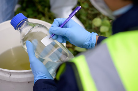 Environmental Engineers Team Take Water Samples at Natural Water Sources in a bottle. Water that...