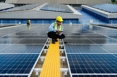 Engineers or Specialist technicians check the quality of installing solar photovoltaic panels and Use technology applications to check accumulated power generation from solar panels on tablets.の写真素材