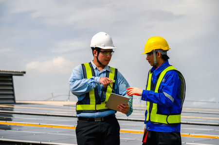 Engineers discuss with Technicians about the quality of installing solar photovoltaic panels while Using technology applications to check accumulated power generation from solar panels on tablets.の写真素材