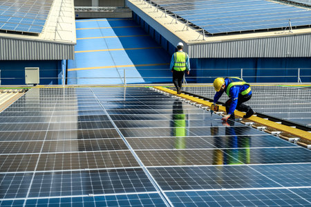 Engineer Inspector Quality in Solar Roof Panel Installation with Worker Installation, Overview of Quality Control in Work of Sustainable Photovoltaic Installation on Factory Roof Buildings.の写真素材