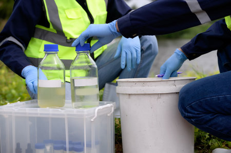Environmental Engineers Team Take Water Samples at Natural Water Sources. Water that smells bad Near Farmland, Fish Ponds May Be Contaminated by Toxic Suspicious Pollution Sites.の写真素材