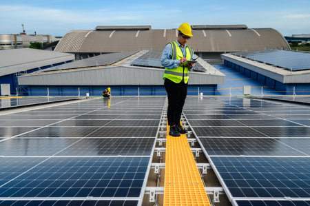Engineers or Specialist technicians check the quality of installing solar photovoltaic panels and...