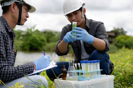 Environmental Engineers Inspect Water Quality, pH Test and Take Water sample notes in The Field Near Farmland, Fish Pond, Natural Water Sources that may be Contaminated by Suspicious Pollution Sites.の写真素材