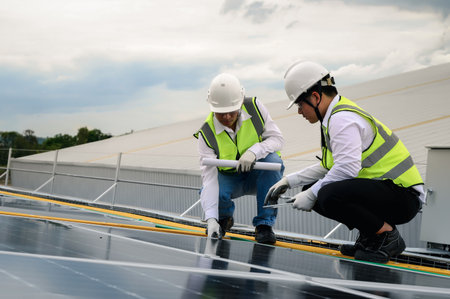 Engineers or Specialist technicians team, Check the quality of installing solar photovoltaic panels and Use technology applications to check accumulated power generation from solar panels on tablets.の写真素材