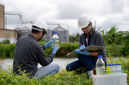 Two Environmental Engineers Inspect Water Quality and Take Water sample notes in The Field Near Farmland, Natural Water Sources maybe Contaminated by Toxic Waste or Suspicious Pollution Sites.の写真素材
