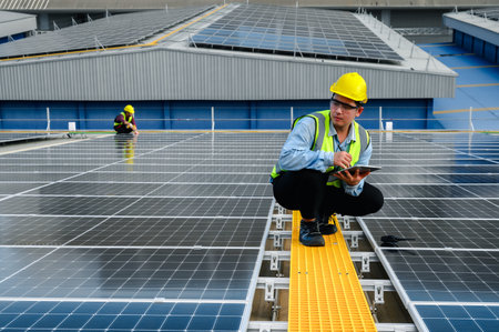 Engineers or Specialist technicians check the quality of installing solar photovoltaic panels and Use technology applications to check accumulated power generation from solar panels on tablets.の写真素材