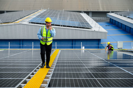 Engineers or Specialist technicians talk with working team through walkie-talkie about installation quality while check accumulated power generation from solar photovoltaic panels on tablets.の写真素材