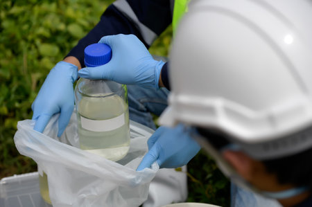 Environmental Engineers Take Water Samples that smells bad Near Farmland at Natural Water Sources...