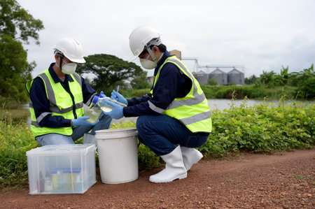 Environmental Engineers Team Take Water Samples at Natural Water Sources. Water that smells bad Near...