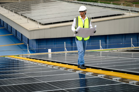 Young Engineers Open Drawing Blueprint Paper and Check Quality of Installing Solar Photovoltaic...