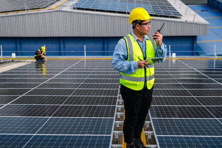 Engineers or Specialist technicians talk with working team through walkie-talkie about installation quality while check accumulated power generation from solar photovoltaic panels on tablets.の写真素材
