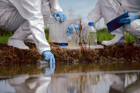 Factory scientists or biologists wear protective clothing while Collecting water samples in natural water sources near farmland. Concept of Chemical protection may leak into natural water sources.の写真素材
