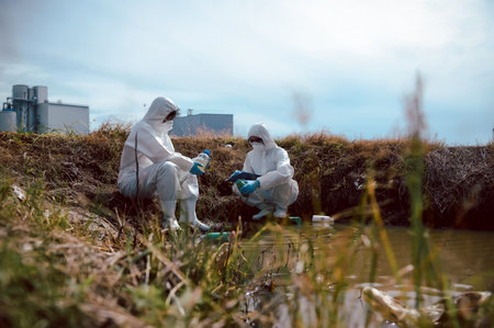 Team of scientists or biologists wears protective clothing to collect water samples from a natural water source with chemical-filled bottles of trash. Water pollution concept.の写真素材