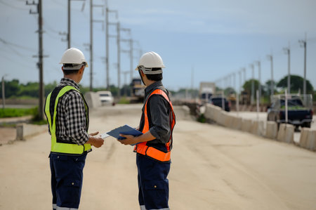 Highway engineers discuss plans for construction improvement based on roadworks. Soil Fill, Backfill Compaction for Sub base, Base Course, Surveyor Engineer inspector in highway construction.の写真素材