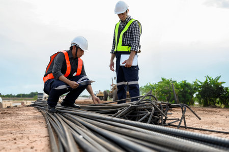 Civil Engineer people wearing safety helmets while inspection detail of raw material, Reinforcement...