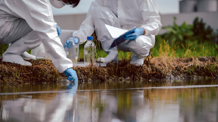 Factory scientists or biologists wear protective clothing while Collecting water samples in natural water sources near farmland. Concept of Chemical protection may leak into natural water sources.の写真素材