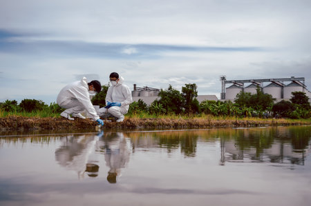 Factory scientists or biologists wear protective clothing while Collecting water samples in natural water sources near farmland. Concept of Chemical protection may leak into natural water sources.の写真素材