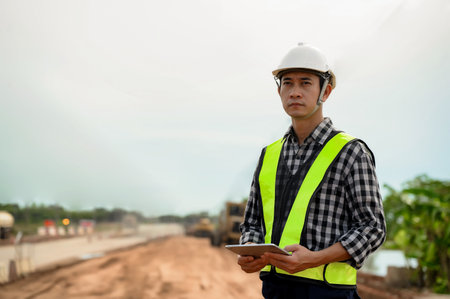 Highway engineers working at construction improvement based on roadworks. Soil Fill, Backfill Compaction for Sub base, Base Course, Surveyor Engineer inspector in highway construction.の写真素材