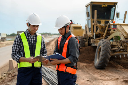 Highway engineers discuss plans for construction improvement based on roadworks. Soil Fill, Backfill Compaction for Sub base, Base Course, Surveyor Engineer inspector in highway construction.の写真素材
