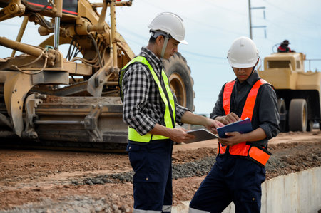 Highway engineers discuss plans for construction improvement based on roadworks. Soil Fill, Backfill Compaction for Sub base, Base Course, Surveyor Engineer inspector in highway construction.の写真素材