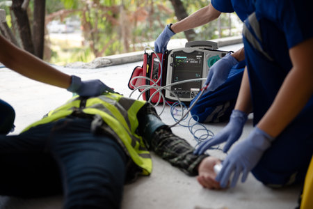 Rescuers are using equipment to check the body's pulse of worker at construction sites while unconscious and lying on the floor. Reading heartbeat with an oximeter and preparing defibrillator.の写真素材
