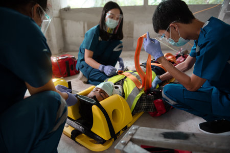 First aid for injuries in work accidents. Using first aid equipment supports loss of feeling or loss of normal movement and Loss of function in limbsの写真素材