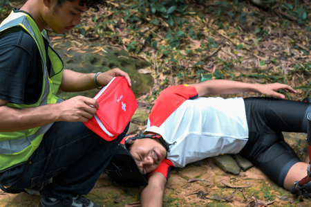 Mountain Bike Accident Cyclist Falls and Suffers Injury in Practice Activities Cycling Sports in...