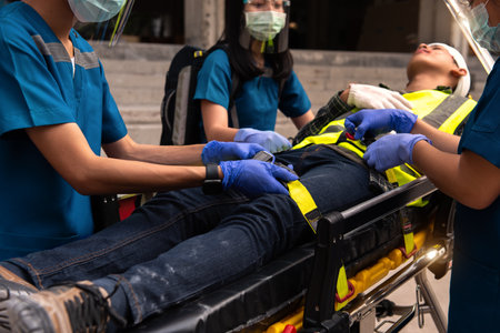 First aid team helped with a worker accident on construction site, Builder broken head accident. Lying down on Medical transfer stretcher trolley for an ambulance with side rails.の写真素材