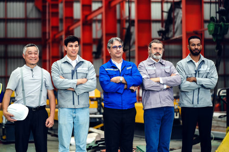 Factory worker team, Diverse engineer group, Confident team of engineers standing with arms crossed in an industrial warehouse. Teamwork concept with diverse men in industrial workplace.