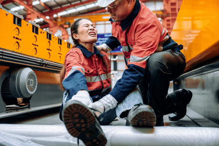 Injured employee receiving assistance from colleague in manufacturing facility after workplace injury. Industrial accident concept showing teamwork and safety awareness in workplace environment.