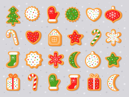 Big set of New Year's gingerbread cookies. Gingerbread man, house, christmas tree, candy, gift box, mitten, sock, snowflake, ball, heart. Homemade cookies with sweet sugar glaze.のイラスト素材