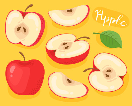 Apple. Half, slice and whole of red apple. Fresh, ripe fruit.のイラスト素材