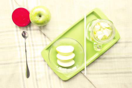 Apple juice healthy food on waiter and table mat backgroundの写真素材