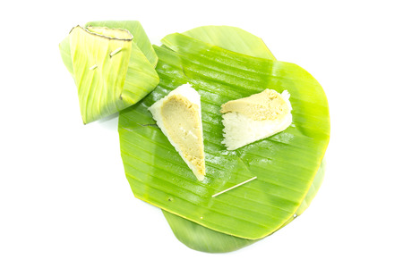 Sticky rice custard Thai Dessert top view on white backgroundの写真素材