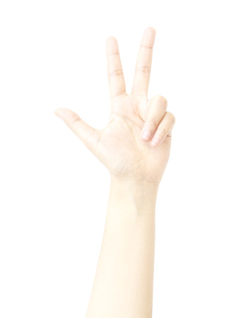 Three finger hand metaphor with count on white backgroundの写真素材