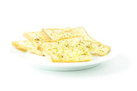 Half garlic bread crispy snack on plate and white background