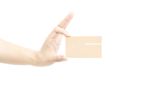 Show business card with hand on white backgroundの写真素材