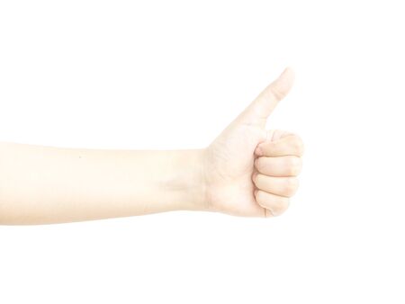 Thumb finger hand metaphor with annoy on white backgroundの写真素材