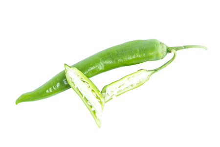 Sliced of green chili pepper ingredient on white backgroundの写真素材