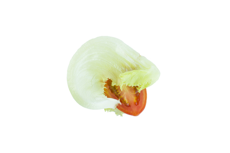 Lettuce iceberg and tomato salad ingredient on white backgroundの写真素材