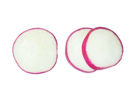 Radish sliced ingredient top view on white backgroundの写真素材