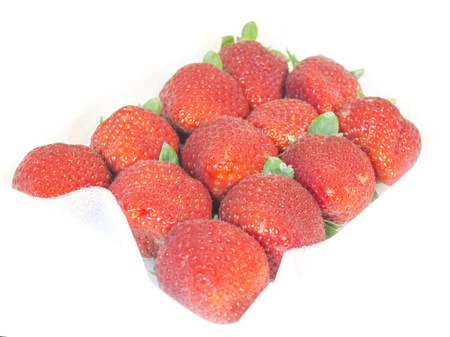 Fresh red strawberry pack fruit on white backgroundの写真素材