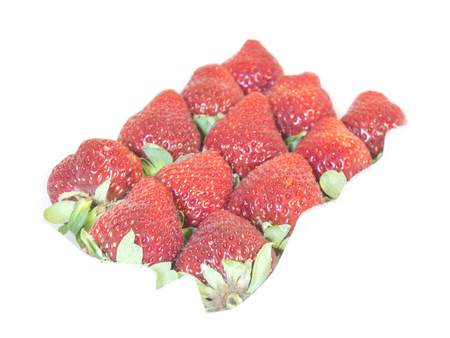 Fresh red strawberry pack fruit with green stick on white backgroundの写真素材