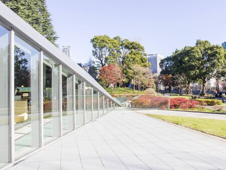 Modern window and glass wall perspective architecture in park backgroundの写真素材